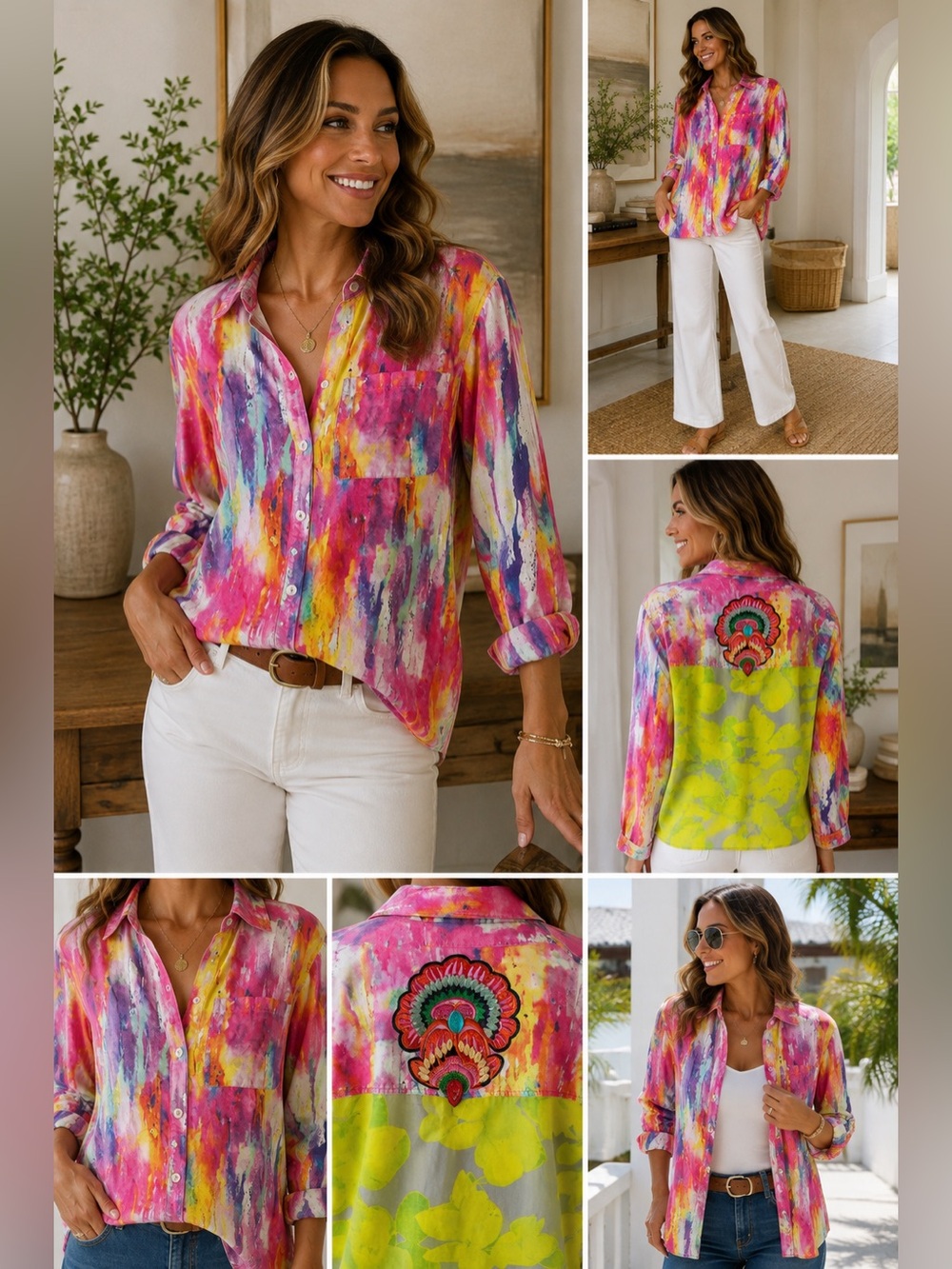 Soft Surroundings Embellished Button Front Blouse Size Small Pink Watercolor Art